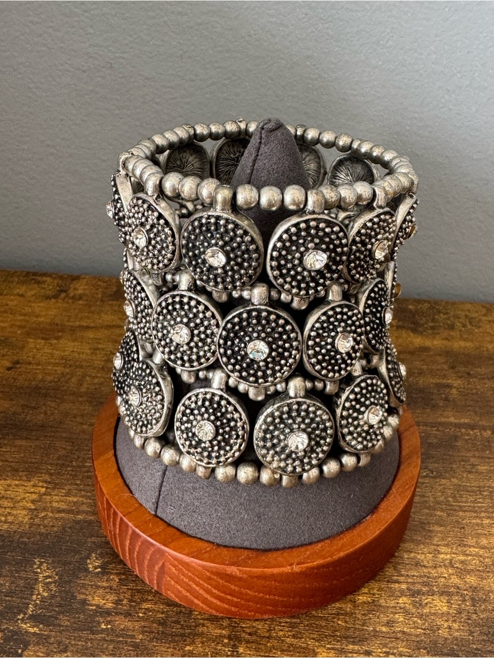 Wide Silver‎ Tone Rhinestone Stretch Cuff Bracelet Statement Boho Chunky